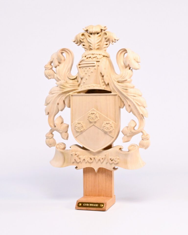 Hand-carved wooden family coat of arms, perfect for home decor and gifts